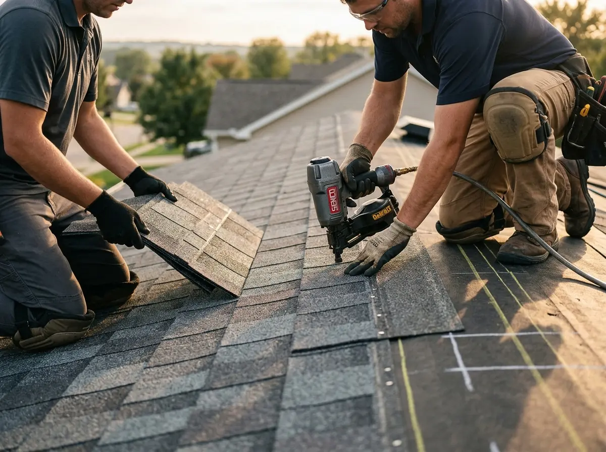 Professional roofer working on a residential roof in Centerton